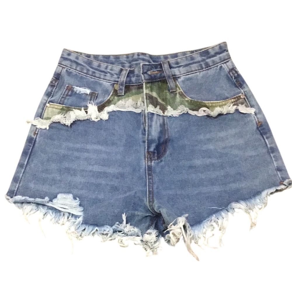 Brand New High Waisted Denim Shorts with Camouflage, Distressed